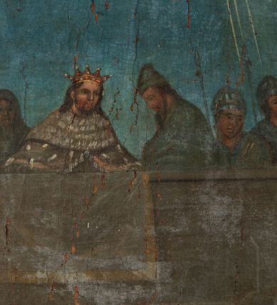 Zdjęcie nr 6: Obraz w kształcie stojącego prostokąta zamkniętego spłaszczonym łukiem nadwieszonym, z uskokiem. Wielofiguralna scena przedstawia św. Jana Nepomucena rozdającego jałmużnę pielgrzymom i mieszczanom. Jego lekko pochylona sylwetka, zwrócona w trzech czwartych w lewo znajduje się po środku. Święty ubrany jest w strój kanonika: sutannę, komżę, befki, almucję i biret, wokół głowy ma wieniec z pięciu gwiazd. W lewym dolnym rogu widoczne jest putto trzymające tarczę z dekoracją ornamentalną. Postacie ukazane na tle architektury miejskiej, w prawej części obrazu budynek z dwiema kolumnami korynckimi i belkowaniem, w tle most na którym znajduje się król w towarzystwie żołnierzy. W lewym górnym rogu obrazu są obłoki z uskrzydlonymi główkami anielskimi i wydobywające się z nich promienie światła. Pierwotną kolorystykę obrazu charakteryzowały żywe odcienie barw, obecnie jest zgaszona i pociemniała. Obraz pozbawiony jest ramy. 