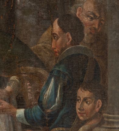 Zdjęcie nr 4: Obraz w kształcie stojącego prostokąta zamkniętego spłaszczonym łukiem nadwieszonym, z uskokiem. Wielofiguralna scena przedstawia św. Jana Nepomucena rozdającego jałmużnę pielgrzymom i mieszczanom. Jego lekko pochylona sylwetka, zwrócona w trzech czwartych w lewo znajduje się po środku. Święty ubrany jest w strój kanonika: sutannę, komżę, befki, almucję i biret, wokół głowy ma wieniec z pięciu gwiazd. W lewym dolnym rogu widoczne jest putto trzymające tarczę z dekoracją ornamentalną. Postacie ukazane na tle architektury miejskiej, w prawej części obrazu budynek z dwiema kolumnami korynckimi i belkowaniem, w tle most na którym znajduje się król w towarzystwie żołnierzy. W lewym górnym rogu obrazu są obłoki z uskrzydlonymi główkami anielskimi i wydobywające się z nich promienie światła. Pierwotną kolorystykę obrazu charakteryzowały żywe odcienie barw, obecnie jest zgaszona i pociemniała. Obraz pozbawiony jest ramy. 