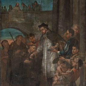 Zdjęcie nr 1: Obraz w kształcie stojącego prostokąta zamkniętego spłaszczonym łukiem nadwieszonym, z uskokiem. Wielofiguralna scena przedstawia św. Jana Nepomucena rozdającego jałmużnę pielgrzymom i mieszczanom. Jego lekko pochylona sylwetka, zwrócona w trzech czwartych w lewo znajduje się po środku. Święty ubrany jest w strój kanonika: sutannę, komżę, befki, almucję i biret, wokół głowy ma wieniec z pięciu gwiazd. W lewym dolnym rogu widoczne jest putto trzymające tarczę z dekoracją ornamentalną. Postacie ukazane na tle architektury miejskiej, w prawej części obrazu budynek z dwiema kolumnami korynckimi i belkowaniem, w tle most na którym znajduje się król w towarzystwie żołnierzy. W lewym górnym rogu obrazu są obłoki z uskrzydlonymi główkami anielskimi i wydobywające się z nich promienie światła. Pierwotną kolorystykę obrazu charakteryzowały żywe odcienie barw, obecnie jest zgaszona i pociemniała. Obraz pozbawiony jest ramy. 