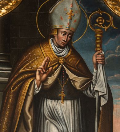 Zdjęcie nr 1: Obraz w kształcie nieregularnego prostokąta o wklęsłych bokach i narożach ujęty jest profilowaną, złoconą ramą zdobioną przeplatającym ornamentem geometrycznym. W polu obrazu znajduje się scena wskrzeszenia Piotrowina przez św. Stanisława. Postać stojącego i zwróconego w trzech czwartych w lewo biskupa wypełnia niemal całe pole obrazu.  Święty ubrany jest w strój pontyfikalny – sutannę, rokietę, ciemnoszary mucet i złoconą kapę, napiersiach ma złoty pektorał, a na głowie białą infułę. Prawą dłoń wyciąga w geście błogosławieństwa, w lewej trzyma pastorał. U jego stóp klęczy zwrócony profilem w lewo Piotrowin, ubrany w białą szatę i składający ręce w geście modlitewnym. Postaci ukazane są na tle architektury, w głębi, na horyzoncie widoczna jest zabudowa miejska. 
