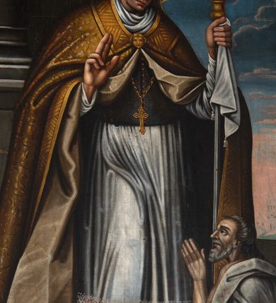 Zdjęcie nr 3: Obraz w kształcie nieregularnego prostokąta o wklęsłych bokach i narożach ujęty jest profilowaną, złoconą ramą zdobioną przeplatającym ornamentem geometrycznym. W polu obrazu znajduje się scena wskrzeszenia Piotrowina przez św. Stanisława. Postać stojącego i zwróconego w trzech czwartych w lewo biskupa wypełnia niemal całe pole obrazu.  Święty ubrany jest w strój pontyfikalny – sutannę, rokietę, ciemnoszary mucet i złoconą kapę, napiersiach ma złoty pektorał, a na głowie białą infułę. Prawą dłoń wyciąga w geście błogosławieństwa, w lewej trzyma pastorał. U jego stóp klęczy zwrócony profilem w lewo Piotrowin, ubrany w białą szatę i składający ręce w geście modlitewnym. Postaci ukazane są na tle architektury, w głębi, na horyzoncie widoczna jest zabudowa miejska. 
