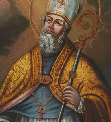 Zdjęcie nr 17: Nastawa ołtarza stiukowa, architektoniczna, jednoosiowa, jednokondygnacyjna, o wklęsłym licu, ze zwieńczeniem oraz osadzona na wysokim cokole. Ołtarz drewniany, sarkofagowy z drewnianą, silnie wysuniętą mensą. Retabulum ujęte jest parą zdwojonych pilastrów o trzonach dekorowanych konsolkami i kampanulami na froncie, dźwigających przerwane belkowanie. W polu środkowym umieszczono obraz św. Mikołaja ujęty profilowaną ramą w formie stojącego prostokąta zamkniętego łukiem odcinkowym, nadwieszonym z uskokiem i uszakami po bokach, wklęsłego u spodu. Poniżej obrazu znajduje się płycina ujęta spływami wolutowymi, zamknięta fragmentem gzymsu w formie łuku odcinkowego. W jej polu jest kartusz o fantazyjnym wykroju. Zwieńczenie ujęto parą spływów wolutowych i zamknięto fragmentem wklęsło-wypukłego gzymsu, na którym jest płomienisty wazon. Na końcach spływów wolutowych znajduje się para siedzących putt.  
Pole zwieńczenia wypełniają płaskorzeźbione obłoki z uskrzydlonymi główkami anielskimi oraz ukazana na ich tle promienista gloria z monogramem maryjnym pośrodku. Struktura retabulum jest marmoryzowana w kolorze szaro-brązowym i ciemnoszarym, ze złoconymi i srebrzonymi detalami.
