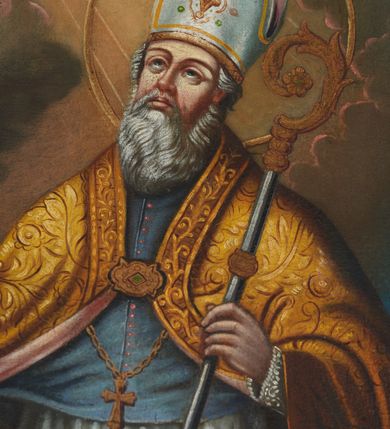 Zdjęcie nr 18: Nastawa ołtarza stiukowa, architektoniczna, jednoosiowa, jednokondygnacyjna, o wklęsłym licu, ze zwieńczeniem oraz osadzona na wysokim cokole. Ołtarz drewniany, sarkofagowy z drewnianą, silnie wysuniętą mensą. Retabulum ujęte jest parą zdwojonych pilastrów o trzonach dekorowanych konsolkami i kampanulami na froncie, dźwigających przerwane belkowanie. W polu środkowym umieszczono obraz św. Mikołaja ujęty profilowaną ramą w formie stojącego prostokąta zamkniętego łukiem odcinkowym, nadwieszonym z uskokiem i uszakami po bokach, wklęsłego u spodu. Poniżej obrazu znajduje się płycina ujęta spływami wolutowymi, zamknięta fragmentem gzymsu w formie łuku odcinkowego. W jej polu jest kartusz o fantazyjnym wykroju. Zwieńczenie ujęto parą spływów wolutowych i zamknięto fragmentem wklęsło-wypukłego gzymsu, na którym jest płomienisty wazon. Na końcach spływów wolutowych znajduje się para siedzących putt.  
Pole zwieńczenia wypełniają płaskorzeźbione obłoki z uskrzydlonymi główkami anielskimi oraz ukazana na ich tle promienista gloria z monogramem maryjnym pośrodku. Struktura retabulum jest marmoryzowana w kolorze szaro-brązowym i ciemnoszarym, ze złoconymi i srebrzonymi detalami.
