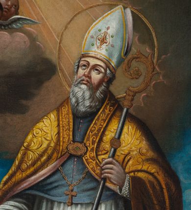 Zdjęcie nr 16: Nastawa ołtarza stiukowa, architektoniczna, jednoosiowa, jednokondygnacyjna, o wklęsłym licu, ze zwieńczeniem oraz osadzona na wysokim cokole. Ołtarz drewniany, sarkofagowy z drewnianą, silnie wysuniętą mensą. Retabulum ujęte jest parą zdwojonych pilastrów o trzonach dekorowanych konsolkami i kampanulami na froncie, dźwigających przerwane belkowanie. W polu środkowym umieszczono obraz św. Mikołaja ujęty profilowaną ramą w formie stojącego prostokąta zamkniętego łukiem odcinkowym, nadwieszonym z uskokiem i uszakami po bokach, wklęsłego u spodu. Poniżej obrazu znajduje się płycina ujęta spływami wolutowymi, zamknięta fragmentem gzymsu w formie łuku odcinkowego. W jej polu jest kartusz o fantazyjnym wykroju. Zwieńczenie ujęto parą spływów wolutowych i zamknięto fragmentem wklęsło-wypukłego gzymsu, na którym jest płomienisty wazon. Na końcach spływów wolutowych znajduje się para siedzących putt.  
Pole zwieńczenia wypełniają płaskorzeźbione obłoki z uskrzydlonymi główkami anielskimi oraz ukazana na ich tle promienista gloria z monogramem maryjnym pośrodku. Struktura retabulum jest marmoryzowana w kolorze szaro-brązowym i ciemnoszarym, ze złoconymi i srebrzonymi detalami.
