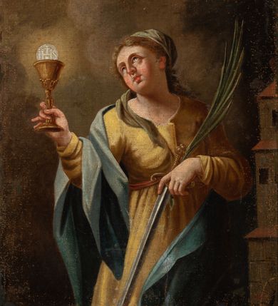 Zdjęcie nr 2: Feretron dwustronny z obrazami św. Zofii i św. Barbary, ustawiony na prostopadłościennej, profilowanej podstawie o wklęsłym przebiegu, zaopatrzonej w otwory na drążki do noszenia. Rama obrazów w kształcie stojącego prostokąta, obwiedziona bogatą dekoracją rokokową z rocaille’ami i kwiatami, zwieńczona niewielkim łacińskim krzyżykiem. Po jednej stronie obraz przedstawiający św. Zofię i stojące przed nią trzy córki. Święta zwrócona delikatnie w lewo, z szeroko rozłożonymi rękami na boki. Twarz owalna o delikatnych rysach. Ubrana jest w długą, ciemną suknię, brązowy płaszcz spięty pod szyją i biały welon. Nad głową świętej złoty i okrągły nimb. Dwie córki od lewej strony zwrócone trzy czwarte w lewo. Ubrane w długie jasne suknie, córka po lewej dodatkowo w czerwony płaszcz i z małym krzyżykiem w dłoni, a córka po środku w zielony fartuch i kij w prawej dłoni. Córka po prawej, zwrócona w prawo, oparta o ramię siostry, z lewą ręką opartą o nią. Ubrana jest w fioletową spódnicę i niebieską bluzkę z szerokimi rękawami. Twarze córek o delikatnych rysach, okolone długimi i ciemnobrązowymi włosami. W tle oddalony górski krajobraz, w górze błękitne niebo. Po drugiej stronie obrazu przedstawienie św. Barbary. W centrum święta ujęta do kolan, ukazana frontalnie, z głową zwróconą w prawo i przechyloną do tyłu, ze wzrokiem skierowanym ku górze. W prawej dłoni trzyma kielich z hostią, w lewej, opuszczonej gałązka palmy i miecz skierowany ostrzem w dół. Twarz pełna, o dużych oczach, prostym nosie i szerokich ustach. Święta jest ubrana w żółtą suknię oraz niebieski płaszcz; na głowie ma założoną zieloną chusteczkę, spod której widać długie, jasne i kręcone włosy. Po prawej stronie obrazu wysoka wieża, tło jednolite, szare, rozświetlone w górnej lewej części obrazu.