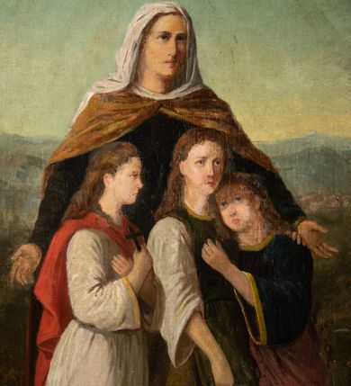 Zdjęcie nr 4: Feretron dwustronny z obrazami św. Zofii i św. Barbary, ustawiony na prostopadłościennej, profilowanej podstawie o wklęsłym przebiegu, zaopatrzonej w otwory na drążki do noszenia. Rama obrazów w kształcie stojącego prostokąta, obwiedziona bogatą dekoracją rokokową z rocaille’ami i kwiatami, zwieńczona niewielkim łacińskim krzyżykiem. Po jednej stronie obraz przedstawiający św. Zofię i stojące przed nią trzy córki. Święta zwrócona delikatnie w lewo, z szeroko rozłożonymi rękami na boki. Twarz owalna o delikatnych rysach. Ubrana jest w długą, ciemną suknię, brązowy płaszcz spięty pod szyją i biały welon. Nad głową świętej złoty i okrągły nimb. Dwie córki od lewej strony zwrócone trzy czwarte w lewo. Ubrane w długie jasne suknie, córka po lewej dodatkowo w czerwony płaszcz i z małym krzyżykiem w dłoni, a córka po środku w zielony fartuch i kij w prawej dłoni. Córka po prawej, zwrócona w prawo, oparta o ramię siostry, z lewą ręką opartą o nią. Ubrana jest w fioletową spódnicę i niebieską bluzkę z szerokimi rękawami. Twarze córek o delikatnych rysach, okolone długimi i ciemnobrązowymi włosami. W tle oddalony górski krajobraz, w górze błękitne niebo. Po drugiej stronie obrazu przedstawienie św. Barbary. W centrum święta ujęta do kolan, ukazana frontalnie, z głową zwróconą w prawo i przechyloną do tyłu, ze wzrokiem skierowanym ku górze. W prawej dłoni trzyma kielich z hostią, w lewej, opuszczonej gałązka palmy i miecz skierowany ostrzem w dół. Twarz pełna, o dużych oczach, prostym nosie i szerokich ustach. Święta jest ubrana w żółtą suknię oraz niebieski płaszcz; na głowie ma założoną zieloną chusteczkę, spod której widać długie, jasne i kręcone włosy. Po prawej stronie obrazu wysoka wieża, tło jednolite, szare, rozświetlone w górnej lewej części obrazu.