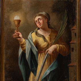 Zdjęcie nr 1: Feretron dwustronny z obrazami św. Zofii i św. Barbary, ustawiony na prostopadłościennej, profilowanej podstawie o wklęsłym przebiegu, zaopatrzonej w otwory na drążki do noszenia. Rama obrazów w kształcie stojącego prostokąta, obwiedziona bogatą dekoracją rokokową z rocaille’ami i kwiatami, zwieńczona niewielkim łacińskim krzyżykiem. Po jednej stronie obraz przedstawiający św. Zofię i stojące przed nią trzy córki. Święta zwrócona delikatnie w lewo, z szeroko rozłożonymi rękami na boki. Twarz owalna o delikatnych rysach. Ubrana jest w długą, ciemną suknię, brązowy płaszcz spięty pod szyją i biały welon. Nad głową świętej złoty i okrągły nimb. Dwie córki od lewej strony zwrócone trzy czwarte w lewo. Ubrane w długie jasne suknie, córka po lewej dodatkowo w czerwony płaszcz i z małym krzyżykiem w dłoni, a córka po środku w zielony fartuch i kij w prawej dłoni. Córka po prawej, zwrócona w prawo, oparta o ramię siostry, z lewą ręką opartą o nią. Ubrana jest w fioletową spódnicę i niebieską bluzkę z szerokimi rękawami. Twarze córek o delikatnych rysach, okolone długimi i ciemnobrązowymi włosami. W tle oddalony górski krajobraz, w górze błękitne niebo. Po drugiej stronie obrazu przedstawienie św. Barbary. W centrum święta ujęta do kolan, ukazana frontalnie, z głową zwróconą w prawo i przechyloną do tyłu, ze wzrokiem skierowanym ku górze. W prawej dłoni trzyma kielich z hostią, w lewej, opuszczonej gałązka palmy i miecz skierowany ostrzem w dół. Twarz pełna, o dużych oczach, prostym nosie i szerokich ustach. Święta jest ubrana w żółtą suknię oraz niebieski płaszcz; na głowie ma założoną zieloną chusteczkę, spod której widać długie, jasne i kręcone włosy. Po prawej stronie obrazu wysoka wieża, tło jednolite, szare, rozświetlone w górnej lewej części obrazu.