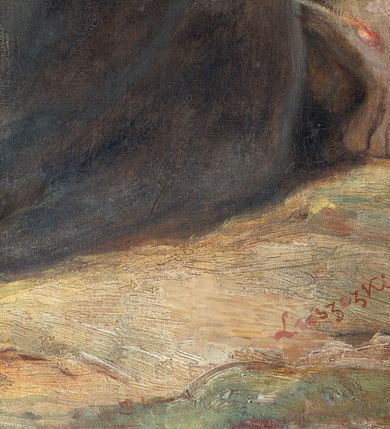 Zdjęcie nr 9: Obraz w kształcie stojącego prostokąta przedstawiający stygmatyzację św. Franciszka. W centrum kompozycji znajduje się św. Franciszek w pozycji klęczącej, zwrócony w trzech czwartych w prawo, głowę wspiera na prawej dłoni, a w lewej trzyma czerwony krzyż. Ma szeroką twarz z krótkim zarostem, z małymi oczami i podłużnym nosem. Włosy krótkie, ciemnobrązowe z tonsurą. Ubrany jest w brązowy habit franciszkański, przewiązany białym sznurem, wokół głowy ma złoty i okrągły nimb. W górnej części obrazu, po lewej stronie znajduje się Chrystus jako serafin, naturalnej wielkości, z którego ran wychodzą białe promienie tworzące stygmaty u św. Franciszka. Scena ukazana pośród skał, w oddali pejzaż górski. Obraz zamknięty u góry łukiem odcinkowym, przyłucza malowane na czerwono. W prawym dolnym rogu kompozycji znajduje się sygnatura „Luszczkiewicz / 1882”. Rama drewniana, profilowana, dekorowana plastycznym, fantazyjnym ornamentem.

