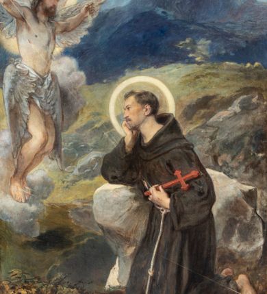 Zdjęcie nr 8: Obraz w kształcie stojącego prostokąta przedstawiający stygmatyzację św. Franciszka. W centrum kompozycji znajduje się św. Franciszek w pozycji klęczącej, zwrócony w trzech czwartych w prawo, głowę wspiera na prawej dłoni, a w lewej trzyma czerwony krzyż. Ma szeroką twarz z krótkim zarostem, z małymi oczami i podłużnym nosem. Włosy krótkie, ciemnobrązowe z tonsurą. Ubrany jest w brązowy habit franciszkański, przewiązany białym sznurem, wokół głowy ma złoty i okrągły nimb. W górnej części obrazu, po lewej stronie znajduje się Chrystus jako serafin, naturalnej wielkości, z którego ran wychodzą białe promienie tworzące stygmaty u św. Franciszka. Scena ukazana pośród skał, w oddali pejzaż górski. Obraz zamknięty u góry łukiem odcinkowym, przyłucza malowane na czerwono. W prawym dolnym rogu kompozycji znajduje się sygnatura „Luszczkiewicz / 1882”. Rama drewniana, profilowana, dekorowana plastycznym, fantazyjnym ornamentem.

