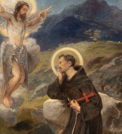 Zdjęcie nr 13: Obraz w kształcie stojącego prostokąta przedstawiający stygmatyzację św. Franciszka. W centrum kompozycji znajduje się św. Franciszek w pozycji klęczącej, zwrócony w trzech czwartych w prawo, głowę wspiera na prawej dłoni, a w lewej trzyma czerwony krzyż. Ma szeroką twarz z krótkim zarostem, z małymi oczami i podłużnym nosem. Włosy krótkie, ciemnobrązowe z tonsurą. Ubrany jest w brązowy habit franciszkański, przewiązany białym sznurem, wokół głowy ma złoty i okrągły nimb. W górnej części obrazu, po lewej stronie znajduje się Chrystus jako serafin, naturalnej wielkości, z którego ran wychodzą białe promienie tworzące stygmaty u św. Franciszka. Scena ukazana pośród skał, w oddali pejzaż górski. Obraz zamknięty u góry łukiem odcinkowym, przyłucza malowane na czerwono. W prawym dolnym rogu kompozycji znajduje się sygnatura „Luszczkiewicz / 1882”. Rama drewniana, profilowana, dekorowana plastycznym, fantazyjnym ornamentem.

