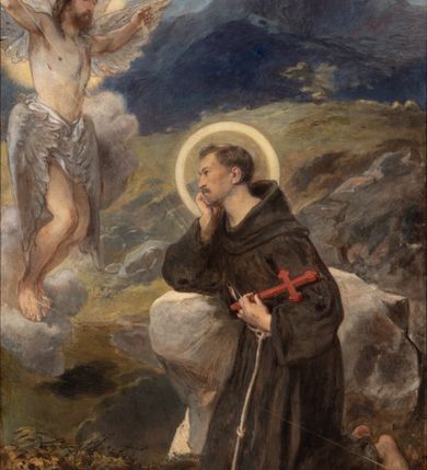 Zdjęcie nr 2: Obraz w kształcie stojącego prostokąta przedstawiający stygmatyzację św. Franciszka. W centrum kompozycji znajduje się św. Franciszek w pozycji klęczącej, zwrócony w trzech czwartych w prawo, głowę wspiera na prawej dłoni, a w lewej trzyma czerwony krzyż. Ma szeroką twarz z krótkim zarostem, z małymi oczami i podłużnym nosem. Włosy krótkie, ciemnobrązowe z tonsurą. Ubrany jest w brązowy habit franciszkański, przewiązany białym sznurem, wokół głowy ma złoty i okrągły nimb. W górnej części obrazu, po lewej stronie znajduje się Chrystus jako serafin, naturalnej wielkości, z którego ran wychodzą białe promienie tworzące stygmaty u św. Franciszka. Scena ukazana pośród skał, w oddali pejzaż górski. Obraz zamknięty u góry łukiem odcinkowym, przyłucza malowane na czerwono. W prawym dolnym rogu kompozycji znajduje się sygnatura „Luszczkiewicz / 1882”. Rama drewniana, profilowana, dekorowana plastycznym, fantazyjnym ornamentem.

