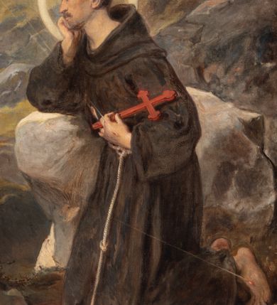 Zdjęcie nr 14: Obraz w kształcie stojącego prostokąta przedstawiający stygmatyzację św. Franciszka. W centrum kompozycji znajduje się św. Franciszek w pozycji klęczącej, zwrócony w trzech czwartych w prawo, głowę wspiera na prawej dłoni, a w lewej trzyma czerwony krzyż. Ma szeroką twarz z krótkim zarostem, z małymi oczami i podłużnym nosem. Włosy krótkie, ciemnobrązowe z tonsurą. Ubrany jest w brązowy habit franciszkański, przewiązany białym sznurem, wokół głowy ma złoty i okrągły nimb. W górnej części obrazu, po lewej stronie znajduje się Chrystus jako serafin, naturalnej wielkości, z którego ran wychodzą białe promienie tworzące stygmaty u św. Franciszka. Scena ukazana pośród skał, w oddali pejzaż górski. Obraz zamknięty u góry łukiem odcinkowym, przyłucza malowane na czerwono. W prawym dolnym rogu kompozycji znajduje się sygnatura „Luszczkiewicz / 1882”. Rama drewniana, profilowana, dekorowana plastycznym, fantazyjnym ornamentem.

