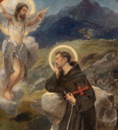 Zdjęcie nr 1: Obraz w kształcie stojącego prostokąta przedstawiający stygmatyzację św. Franciszka. W centrum kompozycji znajduje się św. Franciszek w pozycji klęczącej, zwrócony w trzech czwartych w prawo, głowę wspiera na prawej dłoni, a w lewej trzyma czerwony krzyż. Ma szeroką twarz z krótkim zarostem, z małymi oczami i podłużnym nosem. Włosy krótkie, ciemnobrązowe z tonsurą. Ubrany jest w brązowy habit franciszkański, przewiązany białym sznurem, wokół głowy ma złoty i okrągły nimb. W górnej części obrazu, po lewej stronie znajduje się Chrystus jako serafin, naturalnej wielkości, z którego ran wychodzą białe promienie tworzące stygmaty u św. Franciszka. Scena ukazana pośród skał, w oddali pejzaż górski. Obraz zamknięty u góry łukiem odcinkowym, przyłucza malowane na czerwono. W prawym dolnym rogu kompozycji znajduje się sygnatura „Luszczkiewicz / 1882”. Rama drewniana, profilowana, dekorowana plastycznym, fantazyjnym ornamentem.

