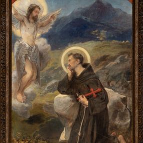 Zdjęcie nr 1: Obraz w kształcie stojącego prostokąta przedstawiający stygmatyzację św. Franciszka. W centrum kompozycji znajduje się św. Franciszek w pozycji klęczącej, zwrócony w trzech czwartych w prawo, głowę wspiera na prawej dłoni, a w lewej trzyma czerwony krzyż. Ma szeroką twarz z krótkim zarostem, z małymi oczami i podłużnym nosem. Włosy krótkie, ciemnobrązowe z tonsurą. Ubrany jest w brązowy habit franciszkański, przewiązany białym sznurem, wokół głowy ma złoty i okrągły nimb. W górnej części obrazu, po lewej stronie znajduje się Chrystus jako serafin, naturalnej wielkości, z którego ran wychodzą białe promienie tworzące stygmaty u św. Franciszka. Scena ukazana pośród skał, w oddali pejzaż górski. Obraz zamknięty u góry łukiem odcinkowym, przyłucza malowane na czerwono. W prawym dolnym rogu kompozycji znajduje się sygnatura „Luszczkiewicz / 1882”. Rama drewniana, profilowana, dekorowana plastycznym, fantazyjnym ornamentem.

