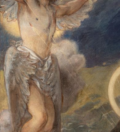 Zdjęcie nr 5: Obraz w kształcie stojącego prostokąta przedstawiający stygmatyzację św. Franciszka. W centrum kompozycji znajduje się św. Franciszek w pozycji klęczącej, zwrócony w trzech czwartych w prawo, głowę wspiera na prawej dłoni, a w lewej trzyma czerwony krzyż. Ma szeroką twarz z krótkim zarostem, z małymi oczami i podłużnym nosem. Włosy krótkie, ciemnobrązowe z tonsurą. Ubrany jest w brązowy habit franciszkański, przewiązany białym sznurem, wokół głowy ma złoty i okrągły nimb. W górnej części obrazu, po lewej stronie znajduje się Chrystus jako serafin, naturalnej wielkości, z którego ran wychodzą białe promienie tworzące stygmaty u św. Franciszka. Scena ukazana pośród skał, w oddali pejzaż górski. Obraz zamknięty u góry łukiem odcinkowym, przyłucza malowane na czerwono. W prawym dolnym rogu kompozycji znajduje się sygnatura „Luszczkiewicz / 1882”. Rama drewniana, profilowana, dekorowana plastycznym, fantazyjnym ornamentem.

