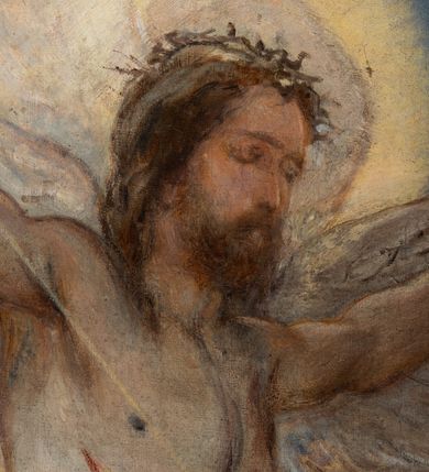 Zdjęcie nr 3: Obraz w kształcie stojącego prostokąta przedstawiający stygmatyzację św. Franciszka. W centrum kompozycji znajduje się św. Franciszek w pozycji klęczącej, zwrócony w trzech czwartych w prawo, głowę wspiera na prawej dłoni, a w lewej trzyma czerwony krzyż. Ma szeroką twarz z krótkim zarostem, z małymi oczami i podłużnym nosem. Włosy krótkie, ciemnobrązowe z tonsurą. Ubrany jest w brązowy habit franciszkański, przewiązany białym sznurem, wokół głowy ma złoty i okrągły nimb. W górnej części obrazu, po lewej stronie znajduje się Chrystus jako serafin, naturalnej wielkości, z którego ran wychodzą białe promienie tworzące stygmaty u św. Franciszka. Scena ukazana pośród skał, w oddali pejzaż górski. Obraz zamknięty u góry łukiem odcinkowym, przyłucza malowane na czerwono. W prawym dolnym rogu kompozycji znajduje się sygnatura „Luszczkiewicz / 1882”. Rama drewniana, profilowana, dekorowana plastycznym, fantazyjnym ornamentem.

