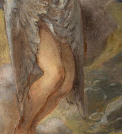 Zdjęcie nr 6: Obraz w kształcie stojącego prostokąta przedstawiający stygmatyzację św. Franciszka. W centrum kompozycji znajduje się św. Franciszek w pozycji klęczącej, zwrócony w trzech czwartych w prawo, głowę wspiera na prawej dłoni, a w lewej trzyma czerwony krzyż. Ma szeroką twarz z krótkim zarostem, z małymi oczami i podłużnym nosem. Włosy krótkie, ciemnobrązowe z tonsurą. Ubrany jest w brązowy habit franciszkański, przewiązany białym sznurem, wokół głowy ma złoty i okrągły nimb. W górnej części obrazu, po lewej stronie znajduje się Chrystus jako serafin, naturalnej wielkości, z którego ran wychodzą białe promienie tworzące stygmaty u św. Franciszka. Scena ukazana pośród skał, w oddali pejzaż górski. Obraz zamknięty u góry łukiem odcinkowym, przyłucza malowane na czerwono. W prawym dolnym rogu kompozycji znajduje się sygnatura „Luszczkiewicz / 1882”. Rama drewniana, profilowana, dekorowana plastycznym, fantazyjnym ornamentem.

