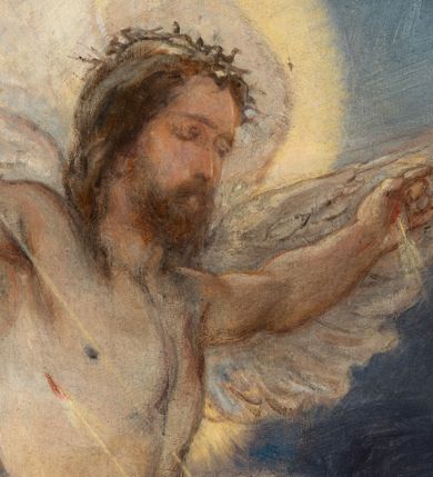 Zdjęcie nr 20: Obraz w kształcie stojącego prostokąta przedstawiający stygmatyzację św. Franciszka. W centrum kompozycji znajduje się św. Franciszek w pozycji klęczącej, zwrócony w trzech czwartych w prawo, głowę wspiera na prawej dłoni, a w lewej trzyma czerwony krzyż. Ma szeroką twarz z krótkim zarostem, z małymi oczami i podłużnym nosem. Włosy krótkie, ciemnobrązowe z tonsurą. Ubrany jest w brązowy habit franciszkański, przewiązany białym sznurem, wokół głowy ma złoty i okrągły nimb. W górnej części obrazu, po lewej stronie znajduje się Chrystus jako serafin, naturalnej wielkości, z którego ran wychodzą białe promienie tworzące stygmaty u św. Franciszka. Scena ukazana pośród skał, w oddali pejzaż górski. Obraz zamknięty u góry łukiem odcinkowym, przyłucza malowane na czerwono. W prawym dolnym rogu kompozycji znajduje się sygnatura „Luszczkiewicz / 1882”. Rama drewniana, profilowana, dekorowana plastycznym, fantazyjnym ornamentem.

