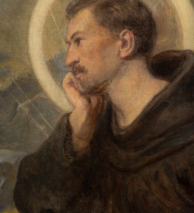 Zdjęcie nr 19: Obraz w kształcie stojącego prostokąta przedstawiający stygmatyzację św. Franciszka. W centrum kompozycji znajduje się św. Franciszek w pozycji klęczącej, zwrócony w trzech czwartych w prawo, głowę wspiera na prawej dłoni, a w lewej trzyma czerwony krzyż. Ma szeroką twarz z krótkim zarostem, z małymi oczami i podłużnym nosem. Włosy krótkie, ciemnobrązowe z tonsurą. Ubrany jest w brązowy habit franciszkański, przewiązany białym sznurem, wokół głowy ma złoty i okrągły nimb. W górnej części obrazu, po lewej stronie znajduje się Chrystus jako serafin, naturalnej wielkości, z którego ran wychodzą białe promienie tworzące stygmaty u św. Franciszka. Scena ukazana pośród skał, w oddali pejzaż górski. Obraz zamknięty u góry łukiem odcinkowym, przyłucza malowane na czerwono. W prawym dolnym rogu kompozycji znajduje się sygnatura „Luszczkiewicz / 1882”. Rama drewniana, profilowana, dekorowana plastycznym, fantazyjnym ornamentem.

