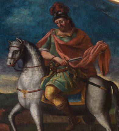 Zdjęcie nr 1: Obraz w kształcie stojącego prostokąta o wklęsłych bokach, ściętych dolnych narożach, zamknięty łukiem wklęsło-wypukłym, ujęty profilowaną i złoconą ramą. Przedstawia św. Marcina na białym koniu odcinającego mieczem fragment swojego płaszcza dla ubogiego. Święty zwrócony w trzech czwartych w prawo, z lekko przechyloną głową w dół, w lewej dłoni trzyma połę swojego płaszcza, a prawą odcina jego fragment. Twarz owalna, z krótkim i brązowym zarostem. Święty ubrany jest w antykizującą zbroję: zieloną tunikę, brązowe buty z wysoką cholewą, czerwony płaszcz spięty fibulą na prawym ramieniu oraz hełm z czerwonym pióropuszem. W lewym dolnym rogu obrazu postać siedzącego, ujętego z profilu mężczyzny z lekko odchyloną głową i wzrokiem skierowanym na świętego. Czarno-siwe włosy sięgające szyi, zarost krótki, ciemnobrązowy; karnacja ciała ciemna. Mężczyzna prawą ręką wspiera się o ziemię, a lewą wyciąga w stronę św. Marcina z prośbą o jałmużnę; ma nogi ugięte w kolanach. Ubrany jest w białą szatę odsłaniającą nagie plecy, ramiona i nogi. Tło stanowi górzysty pejzaż, w górnej części obrazu ciemnobłękitne niebo.  