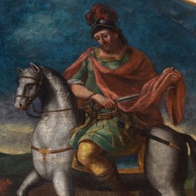 Zdjęcie nr 1: Obraz w kształcie stojącego prostokąta o wklęsłych bokach, ściętych dolnych narożach, zamknięty łukiem wklęsło-wypukłym, ujęty profilowaną i złoconą ramą. Przedstawia św. Marcina na białym koniu odcinającego mieczem fragment swojego płaszcza dla ubogiego. Święty zwrócony w trzech czwartych w prawo, z lekko przechyloną głową w dół, w lewej dłoni trzyma połę swojego płaszcza, a prawą odcina jego fragment. Twarz owalna, z krótkim i brązowym zarostem. Święty ubrany jest w antykizującą zbroję: zieloną tunikę, brązowe buty z wysoką cholewą, czerwony płaszcz spięty fibulą na prawym ramieniu oraz hełm z czerwonym pióropuszem. W lewym dolnym rogu obrazu postać siedzącego, ujętego z profilu mężczyzny z lekko odchyloną głową i wzrokiem skierowanym na świętego. Czarno-siwe włosy sięgające szyi, zarost krótki, ciemnobrązowy; karnacja ciała ciemna. Mężczyzna prawą ręką wspiera się o ziemię, a lewą wyciąga w stronę św. Marcina z prośbą o jałmużnę; ma nogi ugięte w kolanach. Ubrany jest w białą szatę odsłaniającą nagie plecy, ramiona i nogi. Tło stanowi górzysty pejzaż, w górnej części obrazu ciemnobłękitne niebo.  