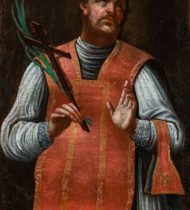 Zdjęcie nr 3: Obraz w kształcie stojącego prostokąta, zamkniętego łukiem nadwieszonym o delikatnie wklęsłych bokach, przedstawiający św. Walentego. W centrum ukazany święty w postawie stojącej, w półpostaci z głową skierowaną w lewo. W prawej dłoni trzyma krucyfiks i palmę męczeństwa, a lewą ugiętą w łokciu wyciąga przed siebie. Twarz okrągła z drobnymi ustami, długim nosem, wzrokiem skierowanym ku górze i silnie zarumienionymi policzkami; okolona krótką brodą i jasnobrązowymi, krótkimi włosami. Ubrany jest w silnie drapowaną albę, czerwony ornat ze złoconą pasmanterią i zieloną podszewką oraz manipularz na lewym przedramieniu. Włosy krótkie, kędzierzawe i jasne. Tło jednolite, czarne, rozświetlone wokół głowy świętego. Rama drewniana, profilowana i złocona w kształcie stojącego prostokąta, o ściętych dolnych narożach, bokach wklęsłych i zakończona łukiem wklęsło-wypukłym.

