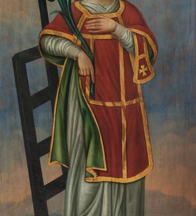 Zdjęcie nr 5: Nastawa ołtarzowa architektoniczna, trójosiowa, jednokondygnacyjna ze zwieńczeniem i bramkami. Ołtarz drewniany, prostopadłościenny; antepedium haftowane. Tabernakulum metalowe, fakturowane, w formie zbliżonej do prostopadłościennej skrzynki, ustawione na niskim cokole, o wypukłej ściance frontowej, flankowane parą kolumn o kompozytowych kapitelach. Drzwiczki w kształcie stojącego prostokąta, zamkniętego łukiem nadwieszonym; w polu kielich z hostią, a po bokach winna winorośl i kłosy zbóż. Powyżej jest tron wystawienia o fantazyjnym kształcie, ujęty po bokach wolutami, na których usadzone są dwa putta. W polu maska lunarna, otoczona promienistą glorią, a w zwieńczeniu muszla palmetowa. Nastawa ustawiona jest na wysokim, zdwojonym cokole, flankowana dwiema parami zdwojonych pilastrów, ustawionych ukośnie. Bramki w kształcie stojących prostokątów, zamkniętych półkoliście, w profilowanej obudowie zwieńczonej wolutowo. Drzwiczki dekorowane są malowanym bukietem kwiatów w wazonie. Kondygnacja o delikatnie wklęsłym przebiegu, ujęta dwiema parami zdwojonych, kanelowanych pilastrów, z których wewnętrzne ustawione są pod kątem. Podpory dźwigają pełne belkowanie, wyłamane nad osiami. Na linii wewnętrznych podpór ustawione są dwa cokoły, na których osadzono dwie główki aniołków, a na linii skrajnych podpór wolutowe przyczółki; z kolei pomiędzy nimi znajdują się fantazyjne woluty. W polu środkowym w ramie o kształcie stojącego prostokąta, zamkniętego łukiem wklęsło-wypukłym z uskokami umieszczony jest obraz Wniebowzięcia Najświętszej Marii Panny, a na zasuwie obraz św. Marcina oraz płótno przedstawiające Chrystusa Ukrzyżowanego. W osiach bocznych obrazy: po lewej św. Szczepan, a po prawej św. Wawrzyniec. Przed skrajnymi podporami ustawione są figury: po lewej św. Piotra, a po prawej św. Pawła. Nad polem głównym zawieszona jest gołębica Ducha Świętego na tle srebrzonych obłoków i promienistej glorii. Zwieńczenie w formie zbliżonej do leżącego prostokąta ujętego spływami wolutowymi, zamknięte profilowanym gzymsem i rocaille’ami. W polu obraz św. Marcina. Struktura polichromowana w kolorze jasnobeżowym, ornamentyka złocona, detale srebrzone.



