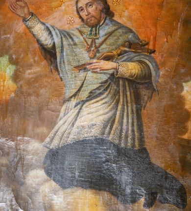 Zdjęcie nr 1: Obraz w kształcie stojącego prostokąta z przedstawieniem św. Jana Nepomucena ukazanego na tle obłoków. Święty ukazany w pozycji klęczącej, zwrócony trzy czwarte w prawą stronę z głową lekko pochyloną na prawy bok. W prawej uniesionej wysoko dłoni trzyma odcięty język, a w ugiętej lewej ręce podtrzymuje krucyfiks. Twarz owalna, okolona jasnymi włosami i krótkim zarostem, oczy skierowane ku górze, nos prosty, usta pełne. Święty ubrany jest w czarną sutannę, białą rokietę z długimi i wąskimi rękawami oraz jasnoniebieską almucję, u szyi ma niebiesko-białą befkę. Na szyi ma zawieszony na czerwonym sznurze wizerunek Matki Boskiej z Dzieciątkiem. Wokół głowy świętego znajduje się wieniec z pięciu gwiazd. W dolnej części obrazu po lewej stronie widoczne fragmenty architektury z półkolistą arkadą, a po prawej stronie zielony pejzaż. W górnej części pochmurne niebo z szerokim snopem światła padającym na świętego. 