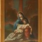 Zdjęcie nr 1: Obraz w kształcie stojącego prostokąta z przedstawieniem Piety. W centrum kompozycji ukazana jest Matka Boska trzymająca na kolanach martwe ciało Chrystusa. Maria siedzi pod krzyżem z głową przechyloną w prawo, rękoma podtrzymuje osuwającego się Zbawiciela, prawą dłonią unosi fragment białej tkaniny, na której spoczywa ciało Chrystusa. Maria ma pełną twarz z małym podbródkiem, długim nosem i dużymi oczami, z których spływają krople łez. Ubrana jest w czerwoną suknię, biały welon opadający na dekolt oraz niebieski płaszcz, założony na głowę i otulający całą postać Marii. Jej serce przebite jest długim mieczem z prawej strony obrazu. Chrystus ukazany jest w pozycji półleżącej z nogami skierowanymi w lewą stronę obrazu, z prawą ręką złożoną wzdłuż boku, a lewą opuszczoną bezwładnie w dół. Ma podłużną twarz z długim nosem, zamkniętymi oczami, okoloną krótką brodą i długimi włosami. Wokół bioder przewiązany jest luźno ułożonym białym perizonium, a wokół głowy ma świetlisty nimb. Sylwetka Chrystusa jest muskularna o szarej karnacji. W dolnej części kompozycji leży biały titulus z napisem „I.N. / R.I.” oraz korona cierniowa na niewielkim wzniesieniu po prawej stronie obrazu. W oddali widoczny jest pejzaż górski z wysoką skałą po prawej stronie, a powyżej ciemne niebo ze skłębionymi ciemnoróżowymi chmurami. Według dokumentacji Wojewódzkiego Urzędu Ochrony Zabytków na odwrociu znajduje się napis: „PRO ECCLESIA 1794”.