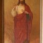 Zdjęcie nr 1: Obraz w kształcie stojącego prostokąta, zamknięty niewielkim łukiem nadwieszonym z przedstawieniem Najświętszego Serca Jezusa. W centrum kompozycji ukazany Jezus w całej postaci, prawą ręką czyniący gest błogosławieństwa, lewą wskazujący na gorejące na piersi serce. Twarz podłużna z długim i wąskim nosem, pełnymi ustami, okolona krótką brodą, rozdzieloną na dwa pukle. Włosy długie, brązowe, z przedziałkiem pośrodku, opadające na plecy i ramiona. Jezus ubrany jest w długą, białą suknię z szerokimi rękawami oraz czerwony płaszcz. Na dłoniach i stopach Zbawiciel ma delikatnie zaznaczone ślady męki, a na piersi gorejące serce, oplecione koroną cierniową, z zatkniętym u góry białym krzyżykiem, ukazane na tle promienistej glorii. Wokół głowy Jezus ma jasny nimb krzyżowy wpisany w koło. W dolnej części kompozycji gęsto skłębione biało-różowe chmury, powyżej tło jednolite ugrowe, a w górnej części obrazu jasnobeżowe. Rama drewniana, profilowana i złocona.