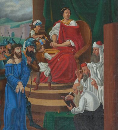 Zdjęcie nr 2: Stacje drogi krzyżowej w kształcie stojących prostokątów w drewnianych ramach. Od góry obrazy ujęte ornamentem rocaille’owym z kartuszami pośrodku, mieszczącym rzymskie numery stacji, wyżej prosty, łaciński krzyż o trójlistnie zakończonych ramionach. Kompozycje wielopostaciowe, kadrowane w sceny z tłem wypełnionym błękitnym niebem i zielonymi pagórkami. Postacie malowane intensywnymi, kontrastowymi plamami barwnymi; twarze o delikatnie zaznaczonych rysach, ubrane w obszerne szaty, miękko kształtowane silnym światłocieniem. Chrystus ubrany jest w niebieską suknię oraz zieloną koronę cierniową. Postacie oprawców o muskularnych ciałach, ukazanych w śmiałych skrótach perspektywicznych. Fizjonomie postaci drugoplanowych oddane sumarycznie. Rama prosta, drewniana, bejcowana, zdobienia złocone i srebrzone.