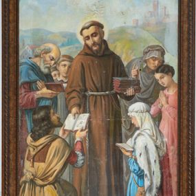 Zdjęcie nr 1: Obraz w kształcie stojącego prostokąta, kompozycja wielopostaciowa. W centralnej części św. Franciszek z Asyżu ukazany frontalnie, rozdający trzecią regułę zakonu franciszkańskiego. Święty w lewej ręce trzyma stos pięciu ksiąg w ciemnej oprawie, prawą wręcza klęczącemu w dolnej części obrazu mężczyźnie księgę, otwartą na stronie tytułowej z napisem: „Reguła / III go / Zakonu”. Święty Franciszek ma podłużną twarz z długim i wąskim nosem, oczy lekko przymknięte, małe wąskie usta, okolone krótką brodą. Na głowie tonsura. Wokół głowy ma złoty i kolisty nimb. Święty ubrany jest w habit franciszkański przewiązany cingulum, w sandałach, ze stygmatami widocznymi na stopach.
W dolnej części obrazu, po prawej stronie klęczy królowa ukazana od tyłu, zwrócona trzy czwarte w lewo, która czyta otwartą w dłoniach księgę. Królowa ubrana jest w długą niebieską suknię z długimi rękawami oraz purpurowy płaszcz królewski z podbiciem gronostajowym, którego lewa poła jest wywinięta i zarzucona na lewe ramię z widoczną gronostajową podszewką. Na głowie ma biały welon przewiązany wąskim sznurkiem i spływający na plecy, a na lewym boku przewieszoną przez prawe ramię skórzaną, jasnobrązową małą sakiewkę. Obok kolan królowej, na ziemi leży złota korona. 
Po lewej stronie obrazu, klęczy mężczyzna, ukazany od tyłu, zwrócony trzy czwarte w prawo i odbierający od świętego Franciszka księgę z trzecią regułą zakonu franciszkańskiego. Twarz podłużna z krótkim i wąskim nosem oraz spiczastym podbródkiem, wzrok zwrócony na św. Franciszka. Mężczyzna ubrany jest w szatę spodnią w kolorze biało-czerwonym oraz jasnobrązowy płaszcz przewiązany w pasie, bez rękawów, z kapturem zakończonym złotym chwostem. Włosy falowane, czarne, sięgające długością do ramion i opadające na plecy.
W wyższej części obrazu ponad królową para przedstawiająca matkę nauczającą swoją córkę. Córka zwrócona lekko w prawą stronę, w pozycji stojącej z rękami złożonymi w geście modlitwy. Ubrana jest w długą, ciasno dopasowaną różową suknię z długimi rękawami. Twarz o delikatnych młodzieńczych rysach, z długim i wąskim nosem, oczy zwrócone na św. Franciszka; włosy czarne, z przedziałkiem pośrodku, upięte w kok. Powyżej jej matka pochylona nad córką, z prawą ręką uniesioną ku górze w geście pouczenia. Ubrana jest w szeroką, szarą suknię z szarym czepcem na głowie. Twarz owalna z długim, wąskim nosem i wąskimi ustami, oczy lekko przymknięte. Po lewej stronie obrazu ponad postacią klęczącego mężczyzny grupa trzech stojących mężczyzn. Mężczyzna stojący z przodu, wyraźnie starszy od pozostałych, ukazany z prawego profilu, w prawej ręce trzymający księgę, ubrany w czerwoną szatę spodnią z długimi rękawami i niebieski płaszcz. Twarz wąska z długim i wąskim nosem oraz siwą brodą. Głowę okalają do połowy siwe włosy. Pomiędzy nim a św. Franciszkiem widoczni dwaj młodzieńcy o delikatnych rysach twarzy, z których jeden stojący z przodu ubrany jest w długą, szarą szatę z białym kołnierzykiem. Trzecie widoczny tylko fragmentarycznie. W tle pejzaż górski z widocznym w oddali miastem. Niebo jasnoniebieskie. Kolorystyka z przewagą barw ziemi. Rama drewniana, profilowana, zdobiona motywem skręconego sznura.
