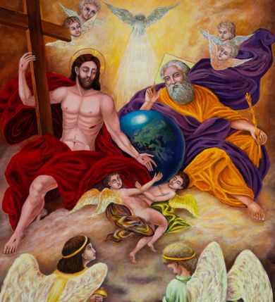 Zdjęcie nr 1: Obraz w kształcie stojącego prostokąta z przedstawieniem Trójcy Świętej na tle obłoków. Po prawej stronie Bóg Ojciec ukazany w pozycji siedzącej, ze skrzyżowanymi nogami; z berłem w lewej ręce, wspartej na kolanie; z prawą ręką wyciągniętą w geście błogosławieństwa. Po lewej stronie Chrystus ukazany w pozycji siedzącej, zwrócony trzy czwarte w prawo, podtrzymuje prawą ręką wysoki krzyż. Pomiędzy nimi duży, błękitno-zielony glob ziemski dźwigany przez dwa aniołki. W zwieńczeniu gołębica Ducha Świętego z rozpostartymi szeroko skrzydłami otoczona otokiem światła. Bóg Ojciec ubrany w pomarańczową suknię z długimi rękawami oraz fioletowy płaszcz z jedną połą zwiewnie unoszącą się za jego plecami. Chrystus  w czerwonym płaszczu, odsłaniającym nagi tors. Twarz Boga Ojca owalna, z długim i wąskim nosem, okolona długą i siwą brodą. Chrystus o twarzy podłużnej; z długim i wąskim nosem; okolonej krótką, ciemnobrązową brodą i długimi włosami spływającymi na plecy. Na ciele Chrystusa widoczne ślady męki. Wokół głowy Chrystusa nimb krzyżowy, natomiast wokół głowy Boga Ojca nimb trójkątny. W dolnej części kompozycji dwa klęczące anioły, ustawione tyłem, z trybularzami w dłoniach. U góry cztery uskrzydlone główki aniołków. Kolorystyka obrazu intensywna, nasycona. W prawym dolnym narożu sygnatura: „MALOWAŁ: / JAN STANKIEWICZ 1895 R(ok) / OŚWIĘCIM”, w lewym informacja o konserwacji: „KONSERWACJA / ART(ysta) MALARZ / E. A. Karaś / KRAKÓW 2011 r(ok)”. Rama drewniana, profilowana i złocona. 
