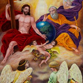 Zdjęcie nr 1: Obraz w kształcie stojącego prostokąta z przedstawieniem Trójcy Świętej na tle obłoków. Po prawej stronie Bóg Ojciec ukazany w pozycji siedzącej, ze skrzyżowanymi nogami; z berłem w lewej ręce, wspartej na kolanie; z prawą ręką wyciągniętą w geście błogosławieństwa. Po lewej stronie Chrystus ukazany w pozycji siedzącej, zwrócony trzy czwarte w prawo, podtrzymuje prawą ręką wysoki krzyż. Pomiędzy nimi duży, błękitno-zielony glob ziemski dźwigany przez dwa aniołki. W zwieńczeniu gołębica Ducha Świętego z rozpostartymi szeroko skrzydłami otoczona otokiem światła. Bóg Ojciec ubrany w pomarańczową suknię z długimi rękawami oraz fioletowy płaszcz z jedną połą zwiewnie unoszącą się za jego plecami. Chrystus  w czerwonym płaszczu, odsłaniającym nagi tors. Twarz Boga Ojca owalna, z długim i wąskim nosem, okolona długą i siwą brodą. Chrystus o twarzy podłużnej; z długim i wąskim nosem; okolonej krótką, ciemnobrązową brodą i długimi włosami spływającymi na plecy. Na ciele Chrystusa widoczne ślady męki. Wokół głowy Chrystusa nimb krzyżowy, natomiast wokół głowy Boga Ojca nimb trójkątny. W dolnej części kompozycji dwa klęczące anioły, ustawione tyłem, z trybularzami w dłoniach. U góry cztery uskrzydlone główki aniołków. Kolorystyka obrazu intensywna, nasycona. W prawym dolnym narożu sygnatura: „MALOWAŁ: / JAN STANKIEWICZ 1895 R(ok) / OŚWIĘCIM”, w lewym informacja o konserwacji: „KONSERWACJA / ART(ysta) MALARZ / E. A. Karaś / KRAKÓW 2011 r(ok)”. Rama drewniana, profilowana i złocona. 
