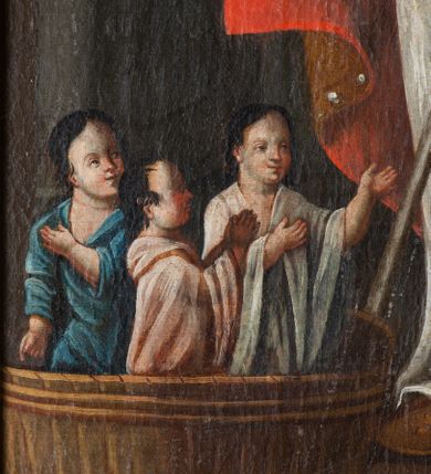 Zdjęcie nr 5: Ołtarz prostopadłościenny, górą wybrzuszony, z ukośnie dostawionymi cokołami, na których kanelowane wolnostojące filary z kompozytowymi kapitelami podtrzymujące wyłamane belkowanie z przerwanym przyczółkiem. Zwieńczenie z lekko wklęsłymi bokami ze spływami wolutowymi zakończone stykającymi się ze sobą wolutami. W partii belkowania kartusz ujęty karbowanymi wstęgami regencyjnymi, wolutami z listkami akantu i zwieńczony muszlą palmetową, w nim napis białą farbą na czarnym tle: „NA PUSZCZY PRZEZ / 7 LAT OD KRUKA / KARMIONY. CUDAMI / SŁYNĄCY. PONIÓSŁ / ŚMIERĆ MĘCZEŃSKĄ / W ANTJOCHJI R. 303”.