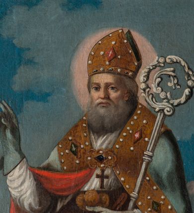 Zdjęcie nr 12: Ołtarz prostopadłościenny, górą wybrzuszony, z ukośnie dostawionymi cokołami, na których kanelowane wolnostojące filary z kompozytowymi kapitelami podtrzymujące wyłamane belkowanie z przerwanym przyczółkiem. Zwieńczenie z lekko wklęsłymi bokami ze spływami wolutowymi zakończone stykającymi się ze sobą wolutami. W partii belkowania kartusz ujęty karbowanymi wstęgami regencyjnymi, wolutami z listkami akantu i zwieńczony muszlą palmetową, w nim napis białą farbą na czarnym tle: „NA PUSZCZY PRZEZ / 7 LAT OD KRUKA / KARMIONY. CUDAMI / SŁYNĄCY. PONIÓSŁ / ŚMIERĆ MĘCZEŃSKĄ / W ANTJOCHJI R. 303”.