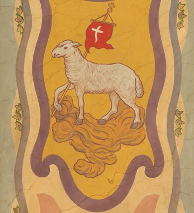 Zdjęcie nr 2: Polichromia pokrywa zarówno powierzchnię ścian, jak i sklepień kościoła, jednak zdecydowanie bardziej dekoracyjne motywy pojawiają się w górnych partiach murów. Dominuje stylizowana ornamentyka roślinna na błękitnym tle, utrzymana w jasnych, żywych tonacjach zróżnicowanych kolorów. Szerokie bordiury o tworzących je fantazyjnych formach i roślinności ujmują niewielkich rozmiarów sceny figuralne umiejscowione pośrodku sklepienia każdego z przęseł kościoła. Kompozycje, o zbliżonych do owalu kształtach przedstawiają: Śmierć św. Józefa w ostatnim przęśle nawy, Ukoronowanie Matki Boskiej na przecięciu nawy z transeptem oraz Wniebowzięcie Najświętszej Marii Panny w przęśle prezbiterium. W konsze absydy ukazana jest scena adoracji kielicha eucharystycznego przez anioły o tęczowych skrzydłach, ubrane w barwne, wzorzyste szaty. Po lewej stronie kościoła, na ścianie transeptu jest ukazana na tle pejzażu scena Chrztu Jezusa. 