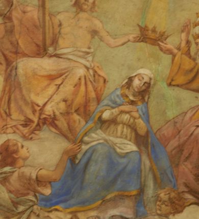 Zdjęcie nr 40: Polichromia pokrywa zarówno powierzchnię ścian, jak i sklepień kościoła, jednak zdecydowanie bardziej dekoracyjne motywy pojawiają się w górnych partiach murów. Dominuje stylizowana ornamentyka roślinna na błękitnym tle, utrzymana w jasnych, żywych tonacjach zróżnicowanych kolorów. Szerokie bordiury o tworzących je fantazyjnych formach i roślinności ujmują niewielkich rozmiarów sceny figuralne umiejscowione pośrodku sklepienia każdego z przęseł kościoła. Kompozycje, o zbliżonych do owalu kształtach przedstawiają: Śmierć św. Józefa w ostatnim przęśle nawy, Ukoronowanie Matki Boskiej na przecięciu nawy z transeptem oraz Wniebowzięcie Najświętszej Marii Panny w przęśle prezbiterium. W konsze absydy ukazana jest scena adoracji kielicha eucharystycznego przez anioły o tęczowych skrzydłach, ubrane w barwne, wzorzyste szaty. Po lewej stronie kościoła, na ścianie transeptu jest ukazana na tle pejzażu scena Chrztu Jezusa. 