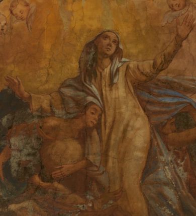 Zdjęcie nr 33: Polichromia pokrywa zarówno powierzchnię ścian, jak i sklepień kościoła, jednak zdecydowanie bardziej dekoracyjne motywy pojawiają się w górnych partiach murów. Dominuje stylizowana ornamentyka roślinna na błękitnym tle, utrzymana w jasnych, żywych tonacjach zróżnicowanych kolorów. Szerokie bordiury o tworzących je fantazyjnych formach i roślinności ujmują niewielkich rozmiarów sceny figuralne umiejscowione pośrodku sklepienia każdego z przęseł kościoła. Kompozycje, o zbliżonych do owalu kształtach przedstawiają: Śmierć św. Józefa w ostatnim przęśle nawy, Ukoronowanie Matki Boskiej na przecięciu nawy z transeptem oraz Wniebowzięcie Najświętszej Marii Panny w przęśle prezbiterium. W konsze absydy ukazana jest scena adoracji kielicha eucharystycznego przez anioły o tęczowych skrzydłach, ubrane w barwne, wzorzyste szaty. Po lewej stronie kościoła, na ścianie transeptu jest ukazana na tle pejzażu scena Chrztu Jezusa. 