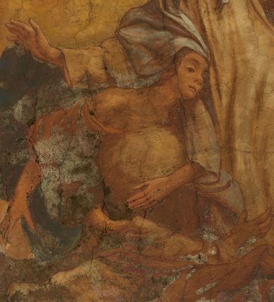 Zdjęcie nr 34: Polichromia pokrywa zarówno powierzchnię ścian, jak i sklepień kościoła, jednak zdecydowanie bardziej dekoracyjne motywy pojawiają się w górnych partiach murów. Dominuje stylizowana ornamentyka roślinna na błękitnym tle, utrzymana w jasnych, żywych tonacjach zróżnicowanych kolorów. Szerokie bordiury o tworzących je fantazyjnych formach i roślinności ujmują niewielkich rozmiarów sceny figuralne umiejscowione pośrodku sklepienia każdego z przęseł kościoła. Kompozycje, o zbliżonych do owalu kształtach przedstawiają: Śmierć św. Józefa w ostatnim przęśle nawy, Ukoronowanie Matki Boskiej na przecięciu nawy z transeptem oraz Wniebowzięcie Najświętszej Marii Panny w przęśle prezbiterium. W konsze absydy ukazana jest scena adoracji kielicha eucharystycznego przez anioły o tęczowych skrzydłach, ubrane w barwne, wzorzyste szaty. Po lewej stronie kościoła, na ścianie transeptu jest ukazana na tle pejzażu scena Chrztu Jezusa. 