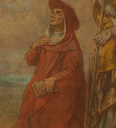 Zdjęcie nr 47: Polichromia pokrywa zarówno powierzchnię ścian, jak i sklepień kościoła, jednak zdecydowanie bardziej dekoracyjne motywy pojawiają się w górnych partiach murów. Dominuje stylizowana ornamentyka roślinna na błękitnym tle, utrzymana w jasnych, żywych tonacjach zróżnicowanych kolorów. Szerokie bordiury o tworzących je fantazyjnych formach i roślinności ujmują niewielkich rozmiarów sceny figuralne umiejscowione pośrodku sklepienia każdego z przęseł kościoła. Kompozycje, o zbliżonych do owalu kształtach przedstawiają: Śmierć św. Józefa w ostatnim przęśle nawy, Ukoronowanie Matki Boskiej na przecięciu nawy z transeptem oraz Wniebowzięcie Najświętszej Marii Panny w przęśle prezbiterium. W konsze absydy ukazana jest scena adoracji kielicha eucharystycznego przez anioły o tęczowych skrzydłach, ubrane w barwne, wzorzyste szaty. Po lewej stronie kościoła, na ścianie transeptu jest ukazana na tle pejzażu scena Chrztu Jezusa. 