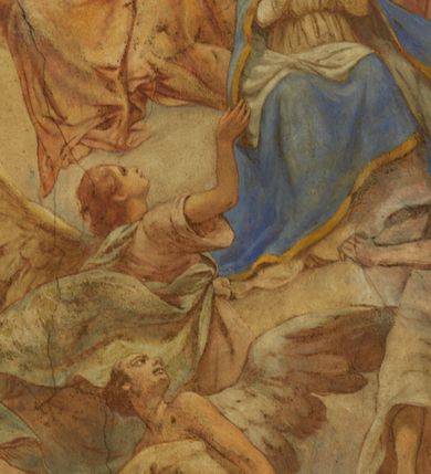 Zdjęcie nr 42: Polichromia pokrywa zarówno powierzchnię ścian, jak i sklepień kościoła, jednak zdecydowanie bardziej dekoracyjne motywy pojawiają się w górnych partiach murów. Dominuje stylizowana ornamentyka roślinna na błękitnym tle, utrzymana w jasnych, żywych tonacjach zróżnicowanych kolorów. Szerokie bordiury o tworzących je fantazyjnych formach i roślinności ujmują niewielkich rozmiarów sceny figuralne umiejscowione pośrodku sklepienia każdego z przęseł kościoła. Kompozycje, o zbliżonych do owalu kształtach przedstawiają: Śmierć św. Józefa w ostatnim przęśle nawy, Ukoronowanie Matki Boskiej na przecięciu nawy z transeptem oraz Wniebowzięcie Najświętszej Marii Panny w przęśle prezbiterium. W konsze absydy ukazana jest scena adoracji kielicha eucharystycznego przez anioły o tęczowych skrzydłach, ubrane w barwne, wzorzyste szaty. Po lewej stronie kościoła, na ścianie transeptu jest ukazana na tle pejzażu scena Chrztu Jezusa. 