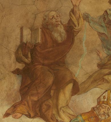 Zdjęcie nr 51: Polichromia pokrywa zarówno powierzchnię ścian, jak i sklepień kościoła, jednak zdecydowanie bardziej dekoracyjne motywy pojawiają się w górnych partiach murów. Dominuje stylizowana ornamentyka roślinna na błękitnym tle, utrzymana w jasnych, żywych tonacjach zróżnicowanych kolorów. Szerokie bordiury o tworzących je fantazyjnych formach i roślinności ujmują niewielkich rozmiarów sceny figuralne umiejscowione pośrodku sklepienia każdego z przęseł kościoła. Kompozycje, o zbliżonych do owalu kształtach przedstawiają: Śmierć św. Józefa w ostatnim przęśle nawy, Ukoronowanie Matki Boskiej na przecięciu nawy z transeptem oraz Wniebowzięcie Najświętszej Marii Panny w przęśle prezbiterium. W konsze absydy ukazana jest scena adoracji kielicha eucharystycznego przez anioły o tęczowych skrzydłach, ubrane w barwne, wzorzyste szaty. Po lewej stronie kościoła, na ścianie transeptu jest ukazana na tle pejzażu scena Chrztu Jezusa. 