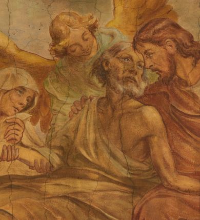 Zdjęcie nr 25: Polichromia pokrywa zarówno powierzchnię ścian, jak i sklepień kościoła, jednak zdecydowanie bardziej dekoracyjne motywy pojawiają się w górnych partiach murów. Dominuje stylizowana ornamentyka roślinna na błękitnym tle, utrzymana w jasnych, żywych tonacjach zróżnicowanych kolorów. Szerokie bordiury o tworzących je fantazyjnych formach i roślinności ujmują niewielkich rozmiarów sceny figuralne umiejscowione pośrodku sklepienia każdego z przęseł kościoła. Kompozycje, o zbliżonych do owalu kształtach przedstawiają: Śmierć św. Józefa w ostatnim przęśle nawy, Ukoronowanie Matki Boskiej na przecięciu nawy z transeptem oraz Wniebowzięcie Najświętszej Marii Panny w przęśle prezbiterium. W konsze absydy ukazana jest scena adoracji kielicha eucharystycznego przez anioły o tęczowych skrzydłach, ubrane w barwne, wzorzyste szaty. Po lewej stronie kościoła, na ścianie transeptu jest ukazana na tle pejzażu scena Chrztu Jezusa. 