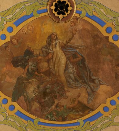 Zdjęcie nr 31: Polichromia pokrywa zarówno powierzchnię ścian, jak i sklepień kościoła, jednak zdecydowanie bardziej dekoracyjne motywy pojawiają się w górnych partiach murów. Dominuje stylizowana ornamentyka roślinna na błękitnym tle, utrzymana w jasnych, żywych tonacjach zróżnicowanych kolorów. Szerokie bordiury o tworzących je fantazyjnych formach i roślinności ujmują niewielkich rozmiarów sceny figuralne umiejscowione pośrodku sklepienia każdego z przęseł kościoła. Kompozycje, o zbliżonych do owalu kształtach przedstawiają: Śmierć św. Józefa w ostatnim przęśle nawy, Ukoronowanie Matki Boskiej na przecięciu nawy z transeptem oraz Wniebowzięcie Najświętszej Marii Panny w przęśle prezbiterium. W konsze absydy ukazana jest scena adoracji kielicha eucharystycznego przez anioły o tęczowych skrzydłach, ubrane w barwne, wzorzyste szaty. Po lewej stronie kościoła, na ścianie transeptu jest ukazana na tle pejzażu scena Chrztu Jezusa. 