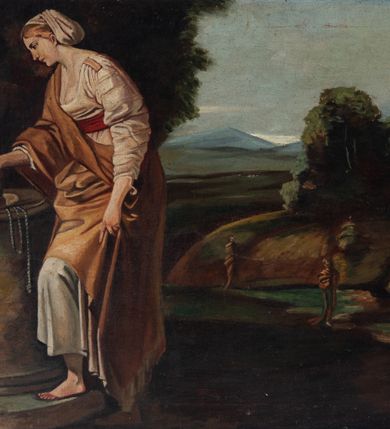 Zdjęcie nr 3: Obraz w kształcie leżącego prostokąta, ujęty prostą, ciemnobrązową ramą zawiera przedstawienie rozmowy Jezusa z Samarytanką przy studni. Główne postaci ukazane są pośrodku kompozycji. Po lewej stronie studni siedzi, zwrócony na wprost Jezus. Skierowaną profilem w prawo głowę charakteryzują długie, wspierające się na barkach, brązowe włosy i długi zarost oraz delikatne rysy pociągłej twarzy. Jezus ubrany jest w białą suknię z długimi rękawami oraz przerzucony przez lewe ramię, osłaniający biodra i nogi niebieski płaszcz z czerwoną podszewką. Łokieć lewej ręki wspiera na cembrowinie studni, prawą unosi na wysokości klatki piersiowej. Gest dłoni sugeruje moment rozmowy ze stojącą po drugiej stronie studni, w lekkim wykroku młodą kobietą zwróconą profilem w lewo, o nieco pochylonej sylwetce. Pociągłą twarz charakteryzują delikatne rysy o klasycznym profilu, z długim, prostym nosem. Widoczne spod kremowej chusty rudawe włosy są upięte z tyłu głowy. Kobieta ubrana jest w długą, kremową suknię z długimi, drapowanymi rękawami oraz wydatnym dekoltem, pod biustem spiętą szeroką, czerwoną szarfą. Dodatkowo przez prawe ramię przerzucony jest osłaniający biodra i nogi jasnobrązowy płaszcz. Lewą, opuszczoną wzdłuż ciała ręką podtrzymuje połę płaszcza, prawą trzyma uchwyt stojącego na studni naczynia. Postaci ukazane są na tle rozłożystego drzewa. W głębi rozciąga się pagórkowy krajobraz z krętą rzeką i pojedynczymi drzewami. Po lewej stronie znajduje się zabudowa niewielkiego miasta. W przestrzeni pejzażu widoczne są pojedyncze sylwetki postaci. 
Kolorystyka obrazu jest nasycona, plama barwna miękko, malarsko opracowana.    
