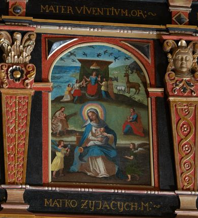 Zdjęcie nr 10: Balustrada ganku obiegająca ścianę zachodnią, północną i południową z malowanymi scenami Litanii Loretańskiej umieszczonymi w płycinach o różnorodnych kształtach, przeważnie stojącego prostokąta z modyfikacjami: o ściętych narożach, zamkniętych półkoliście, zamkniętych uszakami lub innych. Poszczególne osie wydzielone są pilastrami hermowymi, wspartymi na bazach i niskich cokołach. Podpory podtrzymują imposty zdobione rombami oraz niepełne belkowanie w postaci profilowanego gzymsu, wyłamanego na ich osi. Pod oraz ponad obrazami umieszczone są złocone napisy. Balustrada ujęta jest od dołu fantazyjnie wykrojonymi kartuszami, ozdobionymi kaboszonami i rautami. Struktura jest polichromowana na czarno, pilastry i detale na czerwono, ornamentyka i profilowania złocone oraz srebrzone. Poszczególne sceny opatrzone są napisami:

Na ścianie południowej, od lewej:
1.  „S. VIRGO VIRGINVM, OR(A PRO NOBIS)”, „PANNO NAD PANNAMI, MODL(SIĘ ZA NAMI)”
2. „MATTER VIVENTIVM, OR(A PRO NOBIS)”, „MATKO ŻYJĄCYCH, M(ÓDL SIĘ ZA NAMI)”
3. „MATER PVLCHRAE DILECTIONIS, OR(A PRO NOBIS)”, „MATKO JEZVSOWEJ MIŁOSCI, M(ÓDL SIĘ ZA NAMI)”
4. „MATER SANCTAE SPEI, OR(A PRO NOBIS)”, „MATKO S. NADZIEJI, M(ÓDL SIĘ ZA NAMI)”
5. „MATER HONORIFICATA, OR(A PRO NOBIS)”, „MATKO PRZESŁAWNA, M(ÓDL SIĘ ZA NAMI)”
6. „LIGNVUM VITAE, OR(A PRO NOBIS)”, „DRZEWO ŻYWOTA, M(ÓDL SIĘ ZA NAMI)”
7. „VENA VITAE, OR(A PRO NOBIS)”, „STRVMIENIV ŻYWOTA, M(ÓDL SIĘ ZA NAMI)”
8. „NAVIS INSTITORIS ETC, OR(A PRO NOBIS)”, „OKĘCIE CHLEB ŻŸWŸ NIOSACŸ, M(ÓDL SIĘ ZA NAMI)”
9. „FAVVS DISTILANS, OR(A PRO NOBIS)”, „SŁODKOŚCI PŁŸNACA, M(ÓDL SIĘ ZA NAMI)”
10. „FONS SIGNATVS, OR(A PRO NOBIS)”, „ZDROJV ZAPIECZĘTOWANY, M(ÓDL SIĘ ZA NAMI)”
11. „PVTEVS AQVARVM VIVENTIVM, OR(A PRO NOBIS)”, „STVDNICO WOD ŻŸWŸCH, M(ÓDL SIĘ ZA NAMI)”
12. „TORRENS MELLIS ET BVTYRI, OR(A PRO NOBIS)”, „POTOKV Z MIŁOSCIA CIEKACY: M(ÓDL SIĘ ZA NAMI)”
13. „DOMVS SAPIENTIAE, OR(A PRO NOBIS)”, „DOMIE MADROSCI, M(ÓDL SIĘ ZA NAMI)”
14. „SPECVLM SINE MACVLA, OR(A PRO NOBIS)”, „ZWIERCIADŁO BEZ ZMAZY, M(ÓDL SIĘ ZA NAMI)”

Na ścianie zachodniej, od lewej:
1. „THRONVS SALAMONIC, OR(A PRO NOBIS)”, „TRON SALOMONA, M(ÓDL SIĘ ZA NAMI)”
2. „MVLIER AMICTA SOLE, OR(A PRO NOBIS)”, „NIEWIASTA W SŁONCE ODZIANA, M(ÓDL SIĘ ZA NAMI)”
3. „PVLCHRA VT LVNA, OR(A PRO NOBIS)”, „PIEKNA JAK KSIEŻYC, M(ÓDL SIĘ ZA NAMI)”
4. „ELECTA VT SOL, OR(A PRO NOBIS)”, „WYBRANA JAK SŁOŃCE, M(ÓDL SIĘ ZA NAMI)”
5. „HONORIFICENTIA POPVLI NOSTRI, OR(A PRO NOBIS)”, „PRZEDMIOT CZCI NARODU NASZEGO”
6. „VIRGA MOYSIS, OR(A PRO NOBIS)”, „LASKA MOJŻESZOWA, M(ÓDL SIĘ ZA NAMI)”
7. „CIVITAS REFVGII, OR(A PRO NOBIS)”, „MIASTO UCIECZKI, M(ÓDL SIĘ ZA NAMI)”
8. „CLYPEVS OMNIB, IN TE SPERATIB, OR(A PRO NOBIS)”, „TARCZA WSZYSTKICH TOBIE UFAJ[ĄCY]M”
9. „TVRRIS EBVRNEA, OR(A PRO NOBIS)”, „WIEŻO Z KOSCI SŁONIOWEJ M(ÓDL SIĘ ZA NAMI)”

Na ścianie północnej, od lewej:
1. „TVRRIS DAVIDICA, OR(A PRO NOBIS)”, „WIEŻO DAWIDOWA, M(ÓDL SIĘ ZA NAMI)”
2. „PARADISVS VOLVPTATIS, OR(A PRO NOBIS)”, „RAJU ROZKOSZY, M(ÓDL SIĘ ZA NAMI)”
3. „DESIDERIVM COLLIVEM ETERNORV, OR(A PRO NOBIS)”, „PRAGNIENIE PAGÓRKÓW WIECZny do, M(ÓDL SIĘ ZA NAMI)”
4. „LILIVM INTER SPINAS, OR(A PRO NOBIS)”, „LILIA MIĘDZY CIERNIAMI” 
5. „RVBVS ARDENS INCONBVSTVS, OR(A PRO NOBIS)”, „KRZAK OGNISTY CIERNIowy, M(ÓDL SIĘ ZA NAMI)”
6. „THALAMVS SPONSI, OR(A PRO NOBIS)”, „KOMNATA OBLUBIEŃCÓW, M(ÓDL SIĘ ZA NAMI)”
7. „TABERNACVLVM FOEDERIS, OR(A PRO NOBIS)”, „NAMIOT PRZYMIERZA, M(ÓDL SIĘ ZA NAMI)”
8. „AVRORA CONSVRGENS, OR(A PRO NOBIS)”, „JUTRZENKA WSCHODZĄCA, M(ÓDL SIĘ ZA NAMI)”
9. „SANCTVARIVM DEI, OR(A PRO NOBIS)”, „SANKTUARIUM BOGA, M(ÓDL SIĘ ZA NAMI)”
10. „ARCA TESTAMENTI, OR(A PRO NOBIS)”, „ARKA PRZYMIERZA, M(ÓDL SIĘ ZA NAMI)”
11. „PROPITIATORIVM ALTISSIMI, OR(A PRO NOBIS)”, „PRZEBŁAGANIE PRZEDWIECZNEGO, M(ÓDL SIĘ ZA NAMI)”
12. „GLORIA IERVSALEM, OR(A PRO NOBIS)”, „CHWAŁA JERUSALEM, M(ÓDL SIĘ ZA NAMI)”
13. „SOLVM GLORIA DEI, OR(A PRO NOBIS)”, „TRON CHWAŁY BOŻEJ, M(ÓDL SIĘ ZA NAMI)”
14. „REGINA CAELI, OR(A PRO NOBIS)”, „KRÓLOWA NIEBA, M(ÓDL SIĘ ZA NAMI)”

