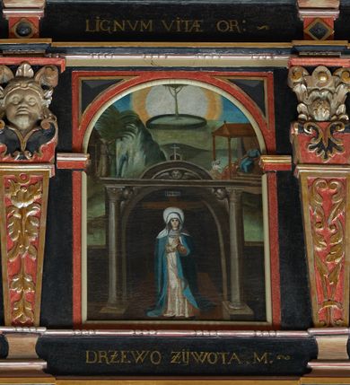 Zdjęcie nr 14: Balustrada ganku obiegająca ścianę zachodnią, północną i południową z malowanymi scenami Litanii Loretańskiej umieszczonymi w płycinach o różnorodnych kształtach, przeważnie stojącego prostokąta z modyfikacjami: o ściętych narożach, zamkniętych półkoliście, zamkniętych uszakami lub innych. Poszczególne osie wydzielone są pilastrami hermowymi, wspartymi na bazach i niskich cokołach. Podpory podtrzymują imposty zdobione rombami oraz niepełne belkowanie w postaci profilowanego gzymsu, wyłamanego na ich osi. Pod oraz ponad obrazami umieszczone są złocone napisy. Balustrada ujęta jest od dołu fantazyjnie wykrojonymi kartuszami, ozdobionymi kaboszonami i rautami. Struktura jest polichromowana na czarno, pilastry i detale na czerwono, ornamentyka i profilowania złocone oraz srebrzone. Poszczególne sceny opatrzone są napisami:

Na ścianie południowej, od lewej:
1.  „S. VIRGO VIRGINVM, OR(A PRO NOBIS)”, „PANNO NAD PANNAMI, MODL(SIĘ ZA NAMI)”
2. „MATTER VIVENTIVM, OR(A PRO NOBIS)”, „MATKO ŻYJĄCYCH, M(ÓDL SIĘ ZA NAMI)”
3. „MATER PVLCHRAE DILECTIONIS, OR(A PRO NOBIS)”, „MATKO JEZVSOWEJ MIŁOSCI, M(ÓDL SIĘ ZA NAMI)”
4. „MATER SANCTAE SPEI, OR(A PRO NOBIS)”, „MATKO S. NADZIEJI, M(ÓDL SIĘ ZA NAMI)”
5. „MATER HONORIFICATA, OR(A PRO NOBIS)”, „MATKO PRZESŁAWNA, M(ÓDL SIĘ ZA NAMI)”
6. „LIGNVUM VITAE, OR(A PRO NOBIS)”, „DRZEWO ŻYWOTA, M(ÓDL SIĘ ZA NAMI)”
7. „VENA VITAE, OR(A PRO NOBIS)”, „STRVMIENIV ŻYWOTA, M(ÓDL SIĘ ZA NAMI)”
8. „NAVIS INSTITORIS ETC, OR(A PRO NOBIS)”, „OKĘCIE CHLEB ŻŸWŸ NIOSACŸ, M(ÓDL SIĘ ZA NAMI)”
9. „FAVVS DISTILANS, OR(A PRO NOBIS)”, „SŁODKOŚCI PŁŸNACA, M(ÓDL SIĘ ZA NAMI)”
10. „FONS SIGNATVS, OR(A PRO NOBIS)”, „ZDROJV ZAPIECZĘTOWANY, M(ÓDL SIĘ ZA NAMI)”
11. „PVTEVS AQVARVM VIVENTIVM, OR(A PRO NOBIS)”, „STVDNICO WOD ŻŸWŸCH, M(ÓDL SIĘ ZA NAMI)”
12. „TORRENS MELLIS ET BVTYRI, OR(A PRO NOBIS)”, „POTOKV Z MIŁOSCIA CIEKACY: M(ÓDL SIĘ ZA NAMI)”
13. „DOMVS SAPIENTIAE, OR(A PRO NOBIS)”, „DOMIE MADROSCI, M(ÓDL SIĘ ZA NAMI)”
14. „SPECVLM SINE MACVLA, OR(A PRO NOBIS)”, „ZWIERCIADŁO BEZ ZMAZY, M(ÓDL SIĘ ZA NAMI)”

Na ścianie zachodniej, od lewej:
1. „THRONVS SALAMONIC, OR(A PRO NOBIS)”, „TRON SALOMONA, M(ÓDL SIĘ ZA NAMI)”
2. „MVLIER AMICTA SOLE, OR(A PRO NOBIS)”, „NIEWIASTA W SŁONCE ODZIANA, M(ÓDL SIĘ ZA NAMI)”
3. „PVLCHRA VT LVNA, OR(A PRO NOBIS)”, „PIEKNA JAK KSIEŻYC, M(ÓDL SIĘ ZA NAMI)”
4. „ELECTA VT SOL, OR(A PRO NOBIS)”, „WYBRANA JAK SŁOŃCE, M(ÓDL SIĘ ZA NAMI)”
5. „HONORIFICENTIA POPVLI NOSTRI, OR(A PRO NOBIS)”, „PRZEDMIOT CZCI NARODU NASZEGO”
6. „VIRGA MOYSIS, OR(A PRO NOBIS)”, „LASKA MOJŻESZOWA, M(ÓDL SIĘ ZA NAMI)”
7. „CIVITAS REFVGII, OR(A PRO NOBIS)”, „MIASTO UCIECZKI, M(ÓDL SIĘ ZA NAMI)”
8. „CLYPEVS OMNIB, IN TE SPERATIB, OR(A PRO NOBIS)”, „TARCZA WSZYSTKICH TOBIE UFAJ[ĄCY]M”
9. „TVRRIS EBVRNEA, OR(A PRO NOBIS)”, „WIEŻO Z KOSCI SŁONIOWEJ M(ÓDL SIĘ ZA NAMI)”

Na ścianie północnej, od lewej:
1. „TVRRIS DAVIDICA, OR(A PRO NOBIS)”, „WIEŻO DAWIDOWA, M(ÓDL SIĘ ZA NAMI)”
2. „PARADISVS VOLVPTATIS, OR(A PRO NOBIS)”, „RAJU ROZKOSZY, M(ÓDL SIĘ ZA NAMI)”
3. „DESIDERIVM COLLIVEM ETERNORV, OR(A PRO NOBIS)”, „PRAGNIENIE PAGÓRKÓW WIECZny do, M(ÓDL SIĘ ZA NAMI)”
4. „LILIVM INTER SPINAS, OR(A PRO NOBIS)”, „LILIA MIĘDZY CIERNIAMI” 
5. „RVBVS ARDENS INCONBVSTVS, OR(A PRO NOBIS)”, „KRZAK OGNISTY CIERNIowy, M(ÓDL SIĘ ZA NAMI)”
6. „THALAMVS SPONSI, OR(A PRO NOBIS)”, „KOMNATA OBLUBIEŃCÓW, M(ÓDL SIĘ ZA NAMI)”
7. „TABERNACVLVM FOEDERIS, OR(A PRO NOBIS)”, „NAMIOT PRZYMIERZA, M(ÓDL SIĘ ZA NAMI)”
8. „AVRORA CONSVRGENS, OR(A PRO NOBIS)”, „JUTRZENKA WSCHODZĄCA, M(ÓDL SIĘ ZA NAMI)”
9. „SANCTVARIVM DEI, OR(A PRO NOBIS)”, „SANKTUARIUM BOGA, M(ÓDL SIĘ ZA NAMI)”
10. „ARCA TESTAMENTI, OR(A PRO NOBIS)”, „ARKA PRZYMIERZA, M(ÓDL SIĘ ZA NAMI)”
11. „PROPITIATORIVM ALTISSIMI, OR(A PRO NOBIS)”, „PRZEBŁAGANIE PRZEDWIECZNEGO, M(ÓDL SIĘ ZA NAMI)”
12. „GLORIA IERVSALEM, OR(A PRO NOBIS)”, „CHWAŁA JERUSALEM, M(ÓDL SIĘ ZA NAMI)”
13. „SOLVM GLORIA DEI, OR(A PRO NOBIS)”, „TRON CHWAŁY BOŻEJ, M(ÓDL SIĘ ZA NAMI)”
14. „REGINA CAELI, OR(A PRO NOBIS)”, „KRÓLOWA NIEBA, M(ÓDL SIĘ ZA NAMI)”

