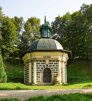 Zdjęcie nr 69: Kościół należy do zespołu dróżek Matki Boskiej, położnych w obrębie klasztoru w Kalwarii Zebrzydowskiej. Świątynia jest położna w centrum wsi, na wschód od głównej drogi, na placu otoczonym kamiennym murem z żeliwnym płotem, który od frontu ozdobiony jest figurami 12 apostołów, umieszczonymi na wysokich cokołach. Główne wejście na plac prowadzi przez bramę od zachodu, flankowaną dwoma filarami, na których ustawione są klasycystyczne wazony. Drugie wejście usytuowane jest od wschodu przez murowaną bramę, nakrytą daszkiem dwuspadowym, na którym ustawiona jest figura grającego na trąbie anioła. Trzecie wejście znajduje się od północy.

Kościół jest budowlą orientowaną, założoną na planie prostokąta, jednonawową, zamkniętą półkolistą absydą. Od zachodu przylega kruchta na planie prostokąta, zamkniętego z jednej strony półkoliście. Wewnątrz kościół dwupiętrowy. Na parterze część wschodnia świątyni podniesiona jest o siedem stopni, oddzielona od nawy trzema półkolistymi arkadami, wspartymi na czterech filarach i ustawionymi przed nimi półkolumnami, które wspierają pełne belkowanie, wyłamane na osiach. W przyłuczach płskorzeźbione główki aniołków. Na fryzie złocony napis: „EIA ADVOCATA NOSTRA OCVLOS MISERICORDES AD NOS CONVERTE ET IESVM BENEDICTV FRCTVM NOBIS OSTENDE”. Za środkową arkadą usytuowana jest niewielka, najstarsza część świątyni – Grób Matki Boskiej, na rzucie prostokąta, sklepiony krzyżowo. W ścianach bocznych nawy są półkoliście zamknięte wnęki na ołtarze. Od zachodu chór muzyczny wsparty jest na trzech arkadach filarowych. Wnętrze obiega drewniany ganek wsparty na metalowych wspornikach, a w części wschodniej i zachodniej na trzech murowanych arkadach. Podniebienie ganku zdobione jest geometrycznym stiukiem. W części nawowej świątyni znajduje się sklepienie kolebkowe z lunetami, w apsydzie hemisferyczne. Wnętrze doświetlone jest sześcioma małymi, okrągłymi oknami znajdującymi się na piętrze od strony północnej i południowej.

Fasada w dolnej części zaakcentowana jest przez monumentalną kruchtę w formie aediculi, założoną na rzucie prostokąta zamkniętego półkoliście. Ściany artykułowane są pięcioma półkolistymi arkadami, wspartymi na filarkach. Od zewnątrz osie ujęte są przez kanelowane kolumny, ustawione na wysokich cokołach, na tle pilastrów. Podpory wznoszą pełne belkowanie i wysunięty gzyms zdobiony kimationem i dekoracją kostkową. Nakrycie w formie kopuły półkolistej z latarnią. Belkowanie ozdobione jest dekoracją roślinną i główkami aniołków. Po bokach kruchty wysunięte są fragmenty muru oporowego do połowy wysokości fasady. Powyżej fasada flankowana przez dwie pary pilastrów z jońskimi kapitelami wspierającymi niepełne belkowanie. Pośrodku duże, półkoliste okno z metalową, dekoracyjną kratą. Szczyt trójkątny z oculusem pośrodku. Na szczycie ustawiona jest figura Najświętszej Marii Panny. Świątynia dookoła obwiedziona szerokim murem oporowym, nakrytym daszkiem, o ukośnych ścianach, flankowanych szkarpami, po sześć na każdej ścianie bocznej i dwoma na ścianie zachodniej oraz wschodniej. Powyżej elewacje ujęte pilastrami z kapitelami jońskimi wznoszącymi niepełne belkowanie. Na wschodniej ścianie półkolista apsyda, nakryta półkopułą. Kościół nakryty dachem siodłowym ze zdwojoną, wysoką latarnią pośrodku. Na narożach dachu ustawione wysokie obeliski na cokołach. 

 