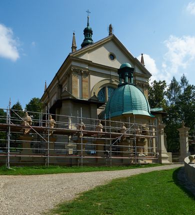 Zdjęcie nr 3: Kościół należy do zespołu dróżek Matki Boskiej, położnych w obrębie klasztoru w Kalwarii Zebrzydowskiej. Świątynia jest położna w centrum wsi, na wschód od głównej drogi, na placu otoczonym kamiennym murem z żeliwnym płotem, który od frontu ozdobiony jest figurami 12 apostołów, umieszczonymi na wysokich cokołach. Główne wejście na plac prowadzi przez bramę od zachodu, flankowaną dwoma filarami, na których ustawione są klasycystyczne wazony. Drugie wejście usytuowane jest od wschodu przez murowaną bramę, nakrytą daszkiem dwuspadowym, na którym ustawiona jest figura grającego na trąbie anioła. Trzecie wejście znajduje się od północy.

Kościół jest budowlą orientowaną, założoną na planie prostokąta, jednonawową, zamkniętą półkolistą absydą. Od zachodu przylega kruchta na planie prostokąta, zamkniętego z jednej strony półkoliście. Wewnątrz kościół dwupiętrowy. Na parterze część wschodnia świątyni podniesiona jest o siedem stopni, oddzielona od nawy trzema półkolistymi arkadami, wspartymi na czterech filarach i ustawionymi przed nimi półkolumnami, które wspierają pełne belkowanie, wyłamane na osiach. W przyłuczach płskorzeźbione główki aniołków. Na fryzie złocony napis: „EIA ADVOCATA NOSTRA OCVLOS MISERICORDES AD NOS CONVERTE ET IESVM BENEDICTV FRCTVM NOBIS OSTENDE”. Za środkową arkadą usytuowana jest niewielka, najstarsza część świątyni – Grób Matki Boskiej, na rzucie prostokąta, sklepiony krzyżowo. W ścianach bocznych nawy są półkoliście zamknięte wnęki na ołtarze. Od zachodu chór muzyczny wsparty jest na trzech arkadach filarowych. Wnętrze obiega drewniany ganek wsparty na metalowych wspornikach, a w części wschodniej i zachodniej na trzech murowanych arkadach. Podniebienie ganku zdobione jest geometrycznym stiukiem. W części nawowej świątyni znajduje się sklepienie kolebkowe z lunetami, w apsydzie hemisferyczne. Wnętrze doświetlone jest sześcioma małymi, okrągłymi oknami znajdującymi się na piętrze od strony północnej i południowej.

Fasada w dolnej części zaakcentowana jest przez monumentalną kruchtę w formie aediculi, założoną na rzucie prostokąta zamkniętego półkoliście. Ściany artykułowane są pięcioma półkolistymi arkadami, wspartymi na filarkach. Od zewnątrz osie ujęte są przez kanelowane kolumny, ustawione na wysokich cokołach, na tle pilastrów. Podpory wznoszą pełne belkowanie i wysunięty gzyms zdobiony kimationem i dekoracją kostkową. Nakrycie w formie kopuły półkolistej z latarnią. Belkowanie ozdobione jest dekoracją roślinną i główkami aniołków. Po bokach kruchty wysunięte są fragmenty muru oporowego do połowy wysokości fasady. Powyżej fasada flankowana przez dwie pary pilastrów z jońskimi kapitelami wspierającymi niepełne belkowanie. Pośrodku duże, półkoliste okno z metalową, dekoracyjną kratą. Szczyt trójkątny z oculusem pośrodku. Na szczycie ustawiona jest figura Najświętszej Marii Panny. Świątynia dookoła obwiedziona szerokim murem oporowym, nakrytym daszkiem, o ukośnych ścianach, flankowanych szkarpami, po sześć na każdej ścianie bocznej i dwoma na ścianie zachodniej oraz wschodniej. Powyżej elewacje ujęte pilastrami z kapitelami jońskimi wznoszącymi niepełne belkowanie. Na wschodniej ścianie półkolista apsyda, nakryta półkopułą. Kościół nakryty dachem siodłowym ze zdwojoną, wysoką latarnią pośrodku. Na narożach dachu ustawione wysokie obeliski na cokołach. 

 
